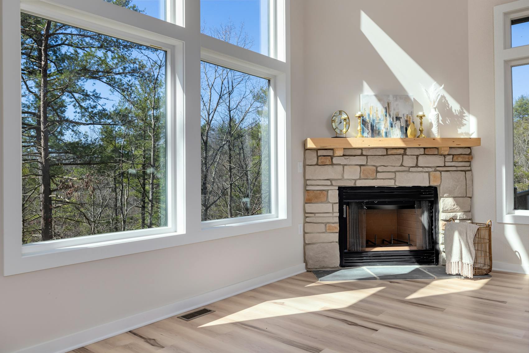 Grand stone fireplace interior