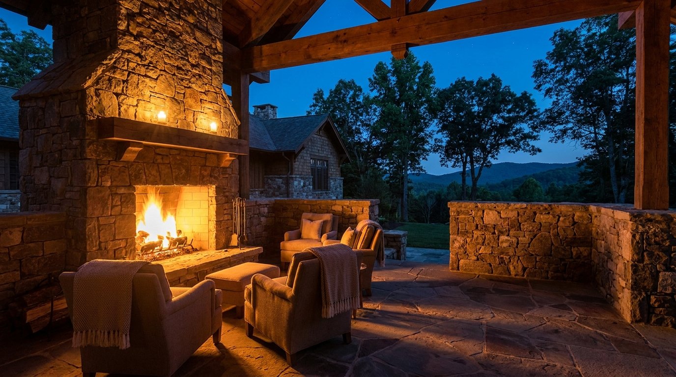 Glowing stone fireplace in a hand-built stone courtyard at dusk