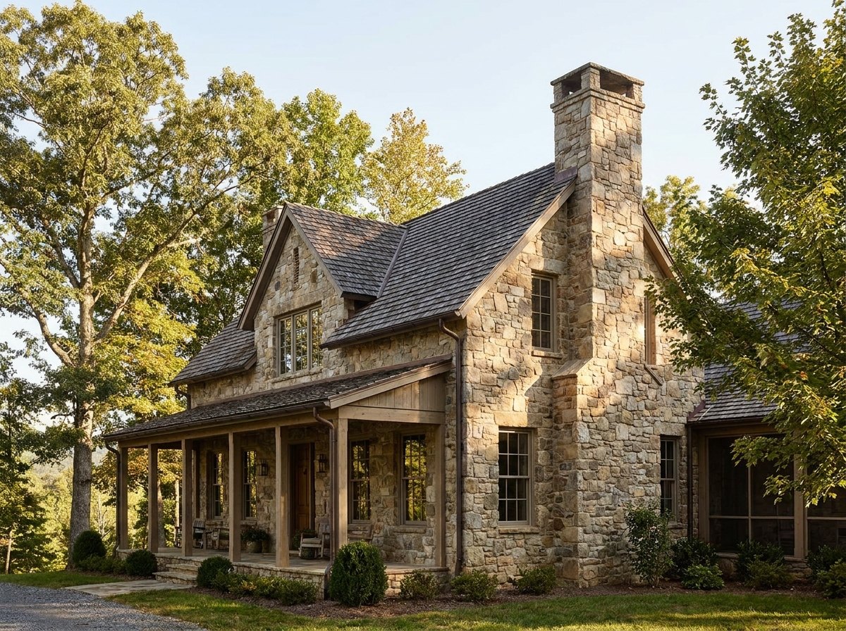Stone-and-shingle home with hand-laid stone facade and chimney